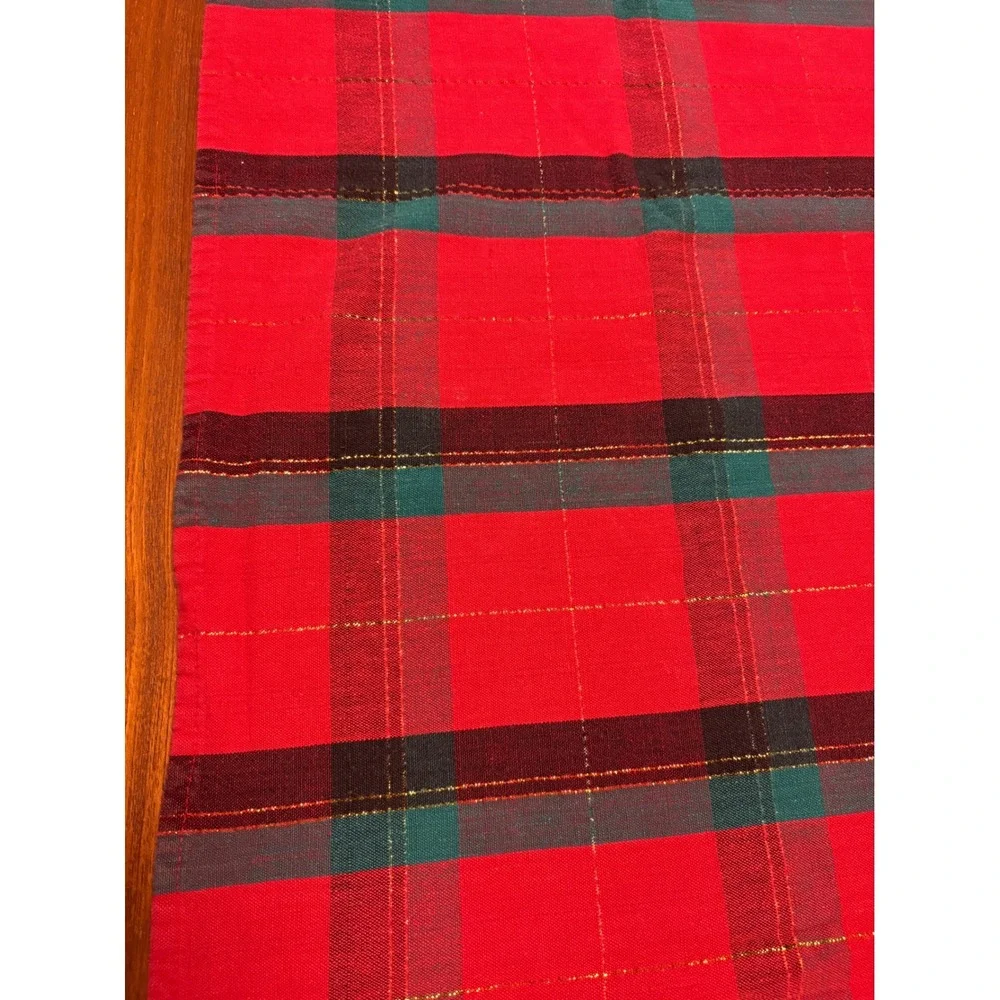 Hand Woven Plaid Tablecloth‎ Red Teal Gold Sparkle Festive Cotton  55 x 72